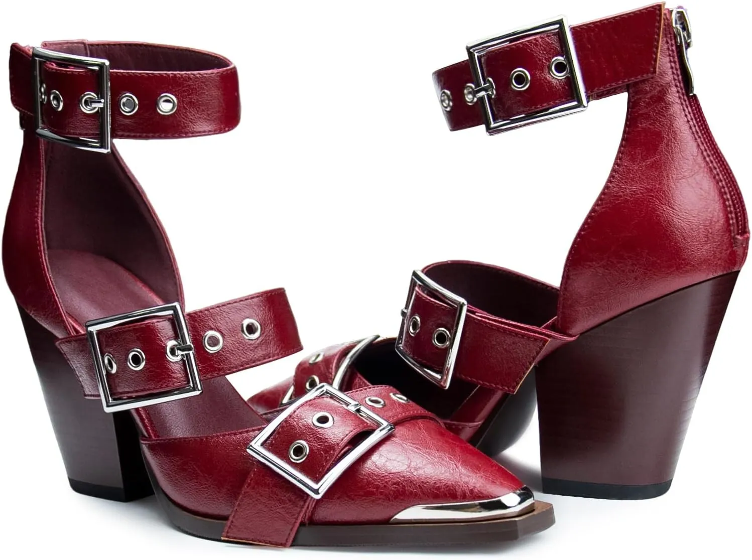 Western Sandals for Women Chunky Heel Pointed Toe Pumps Metal Buckle Strappy Western Comfortable Bridal Shoes