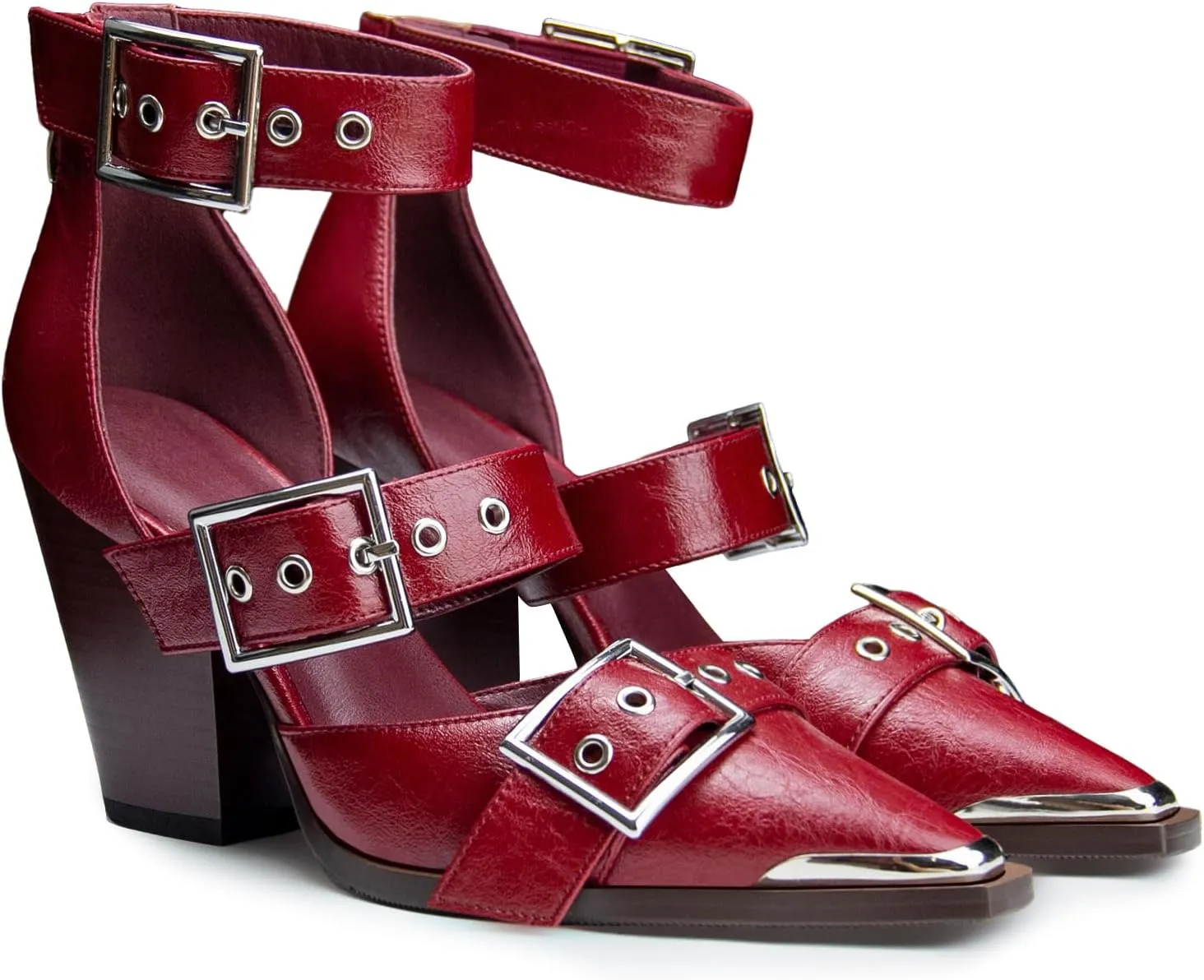 Western Sandals for Women Chunky Heel Pointed Toe Pumps Metal Buckle Strappy Western Comfortable Bridal Shoes