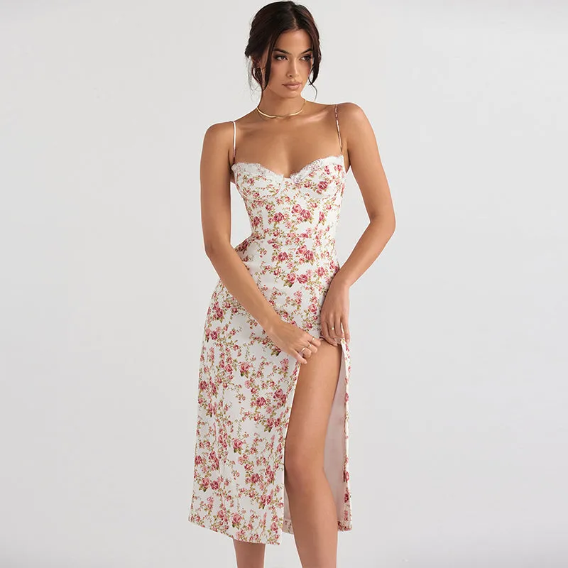 White & Pink Floral Lace Bustier Midi Dress with Side Thigh Slit