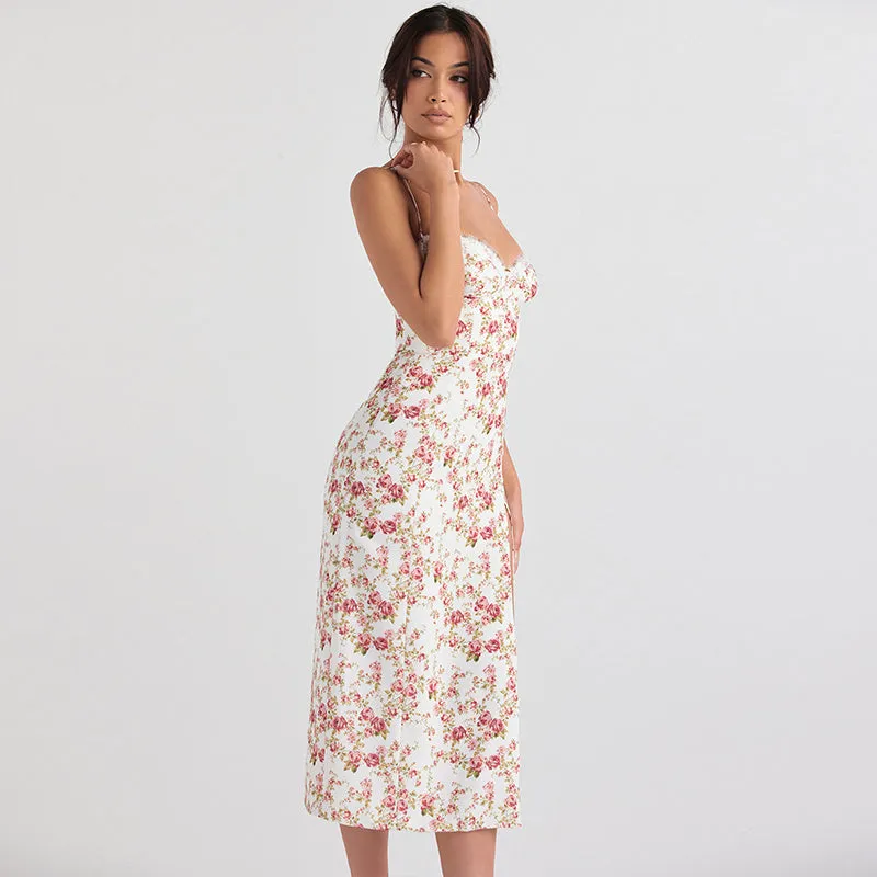 White & Pink Floral Lace Bustier Midi Dress with Side Thigh Slit