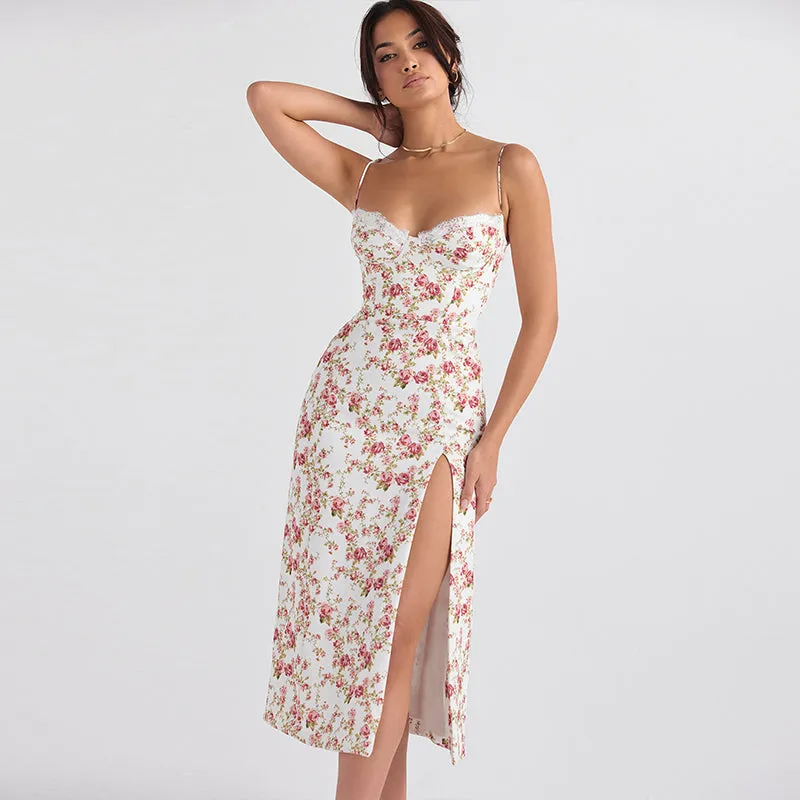 White & Pink Floral Lace Bustier Midi Dress with Side Thigh Slit