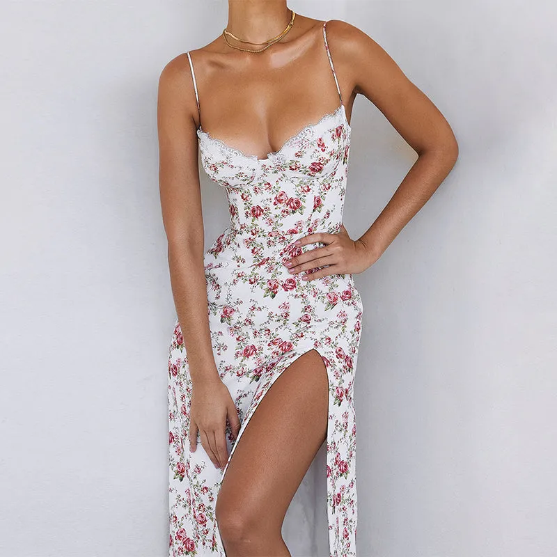 White & Pink Floral Lace Bustier Midi Dress with Side Thigh Slit