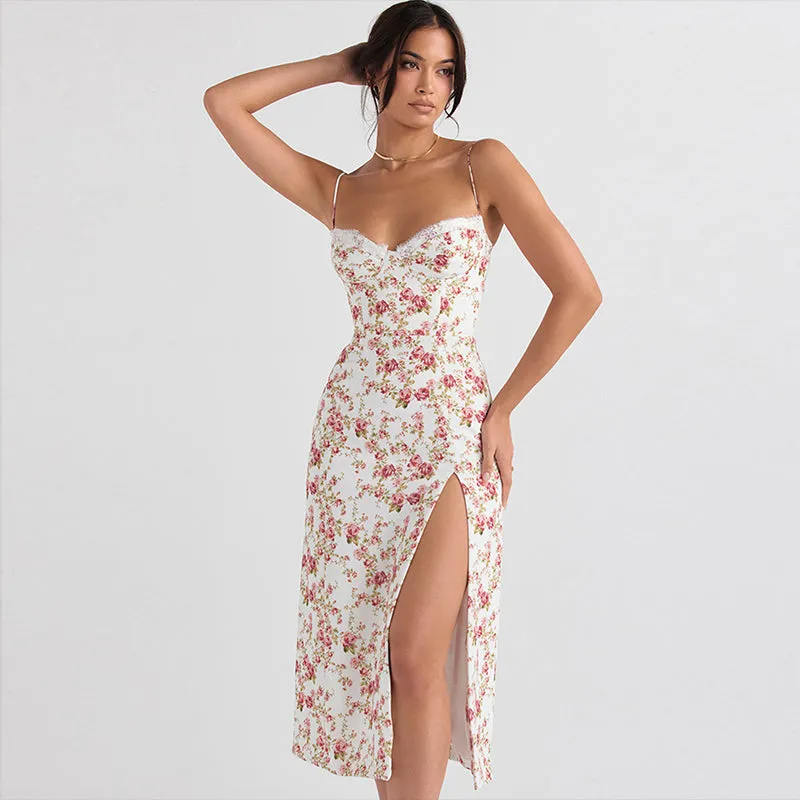 White & Pink Floral Lace Bustier Midi Dress with Side Thigh Slit