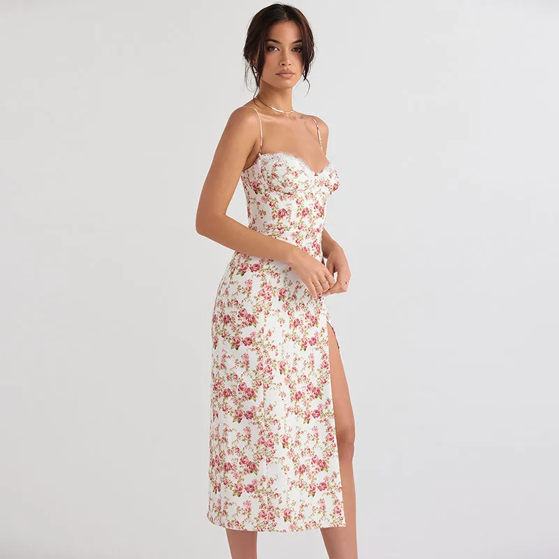 White & Pink Floral Lace Bustier Midi Dress with Side Thigh Slit