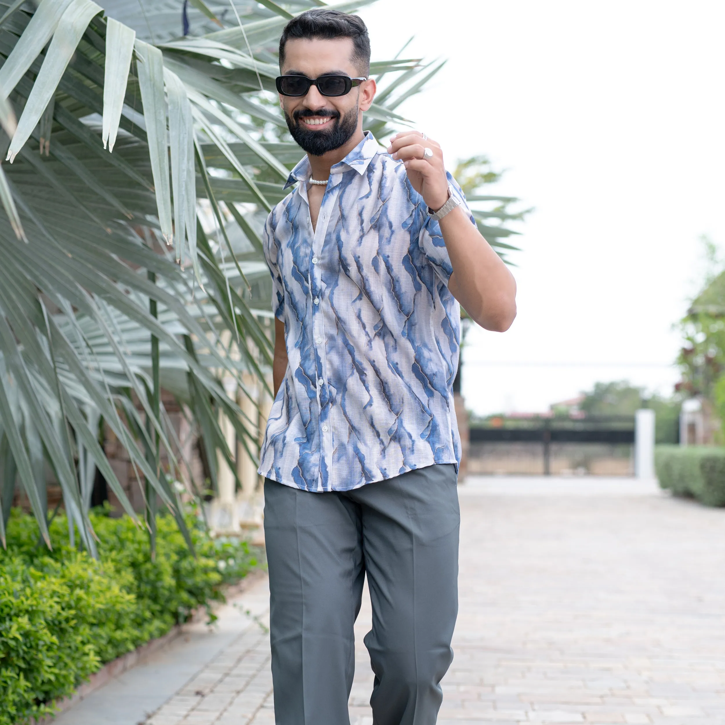 White Blue Marble Print Linen Blend Half Sleeve Shirt