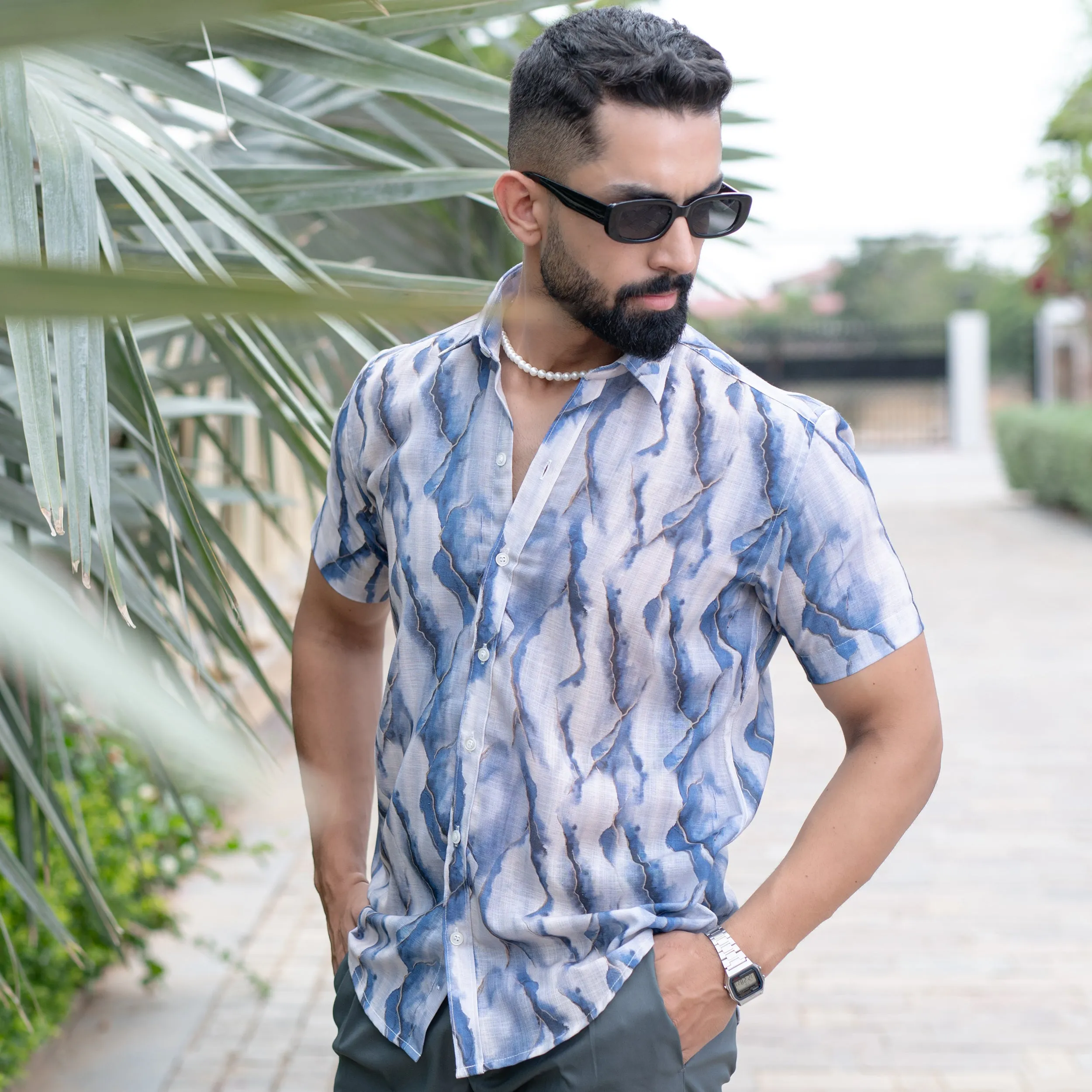 White Blue Marble Print Linen Blend Half Sleeve Shirt