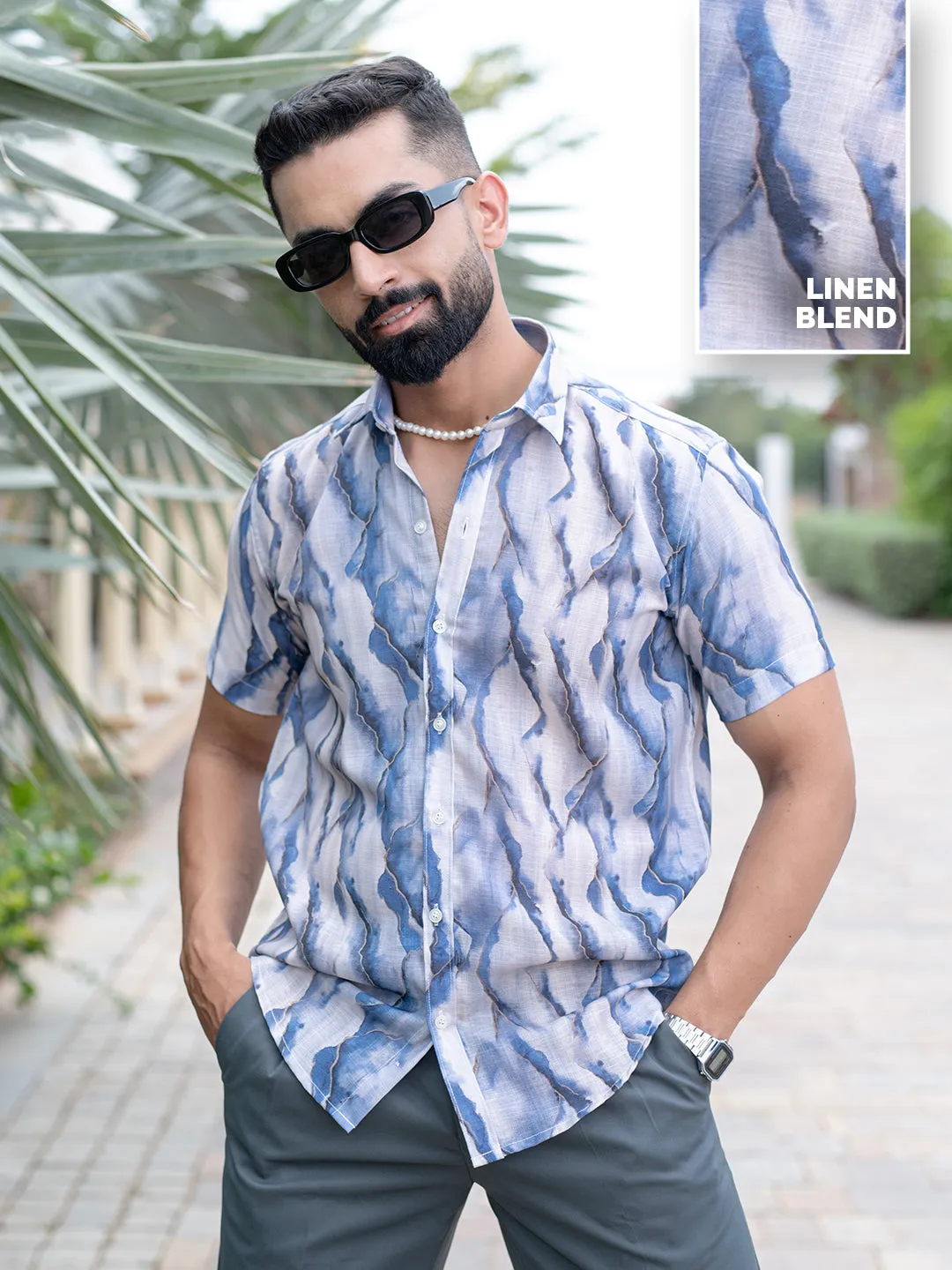 White Blue Marble Print Linen Blend Half Sleeve Shirt