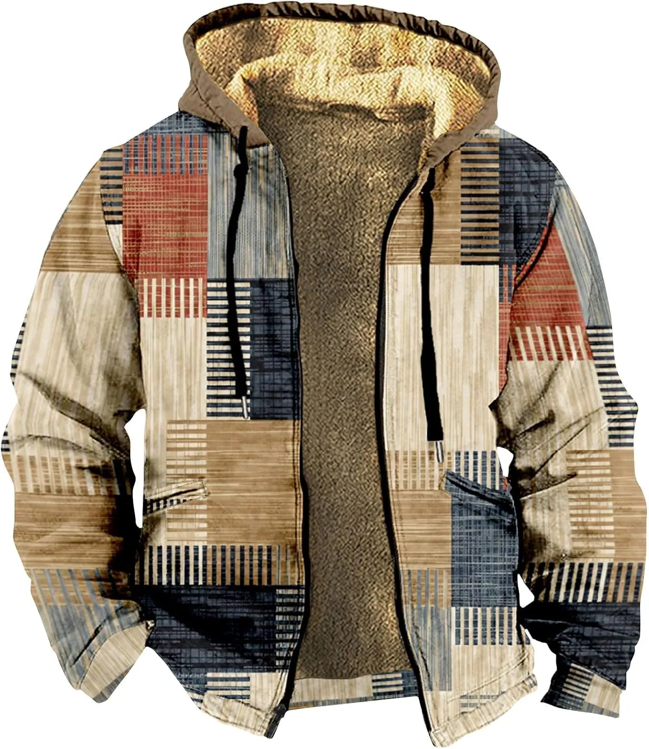 Winter Jacket for Men Printed Work Cargo Coats Zipper Outerwear Fleece Sherpa Lined Hoodies Hooded Sweatshirt Tops