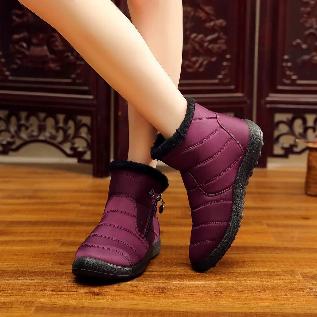Winter Snow Boots for Women Fleece Lined Warm Ankle Booties Outdoor Anti-slip Water-proof Comfortable Short Boot Fashion Zip Up Booties Sneakers Lightweight Flat and Soft Sole