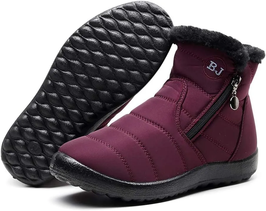 Winter Snow Boots for Women Fleece Lined Warm Ankle Booties Outdoor Anti-slip Water-proof Comfortable Short Boot Fashion Zip Up Booties Sneakers Lightweight Flat and Soft Sole