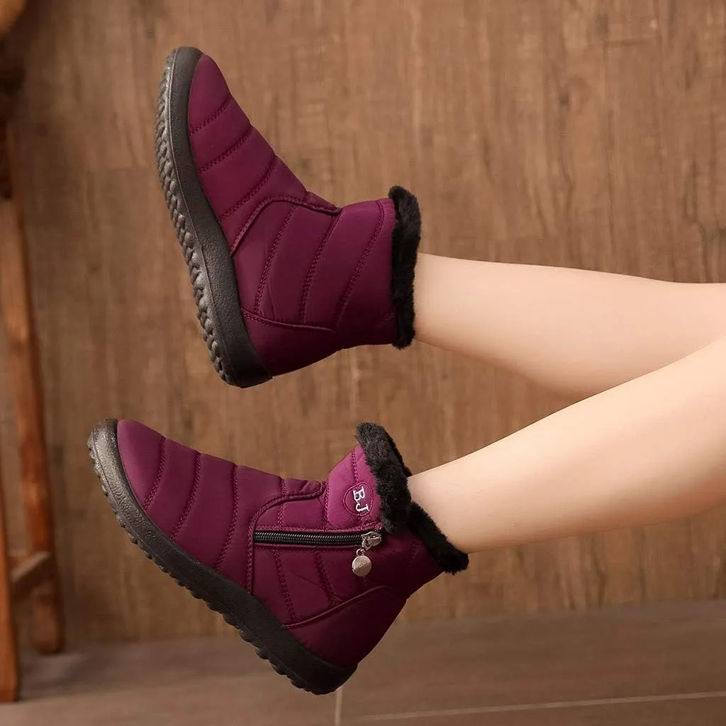 Winter Snow Boots for Women Fleece Lined Warm Ankle Booties Outdoor Anti-slip Water-proof Comfortable Short Boot Fashion Zip Up Booties Sneakers Lightweight Flat and Soft Sole