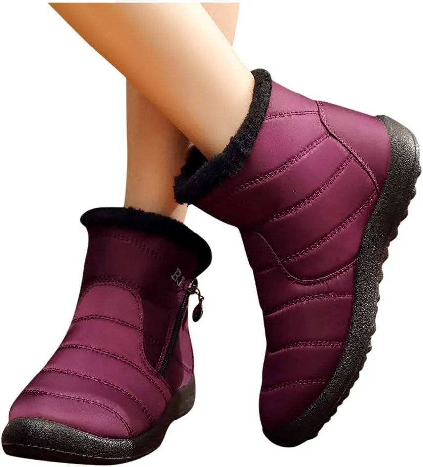 Winter Snow Boots for Women Fleece Lined Warm Ankle Booties Outdoor Anti-slip Water-proof Comfortable Short Boot Fashion Zip Up Booties Sneakers Lightweight Flat and Soft Sole