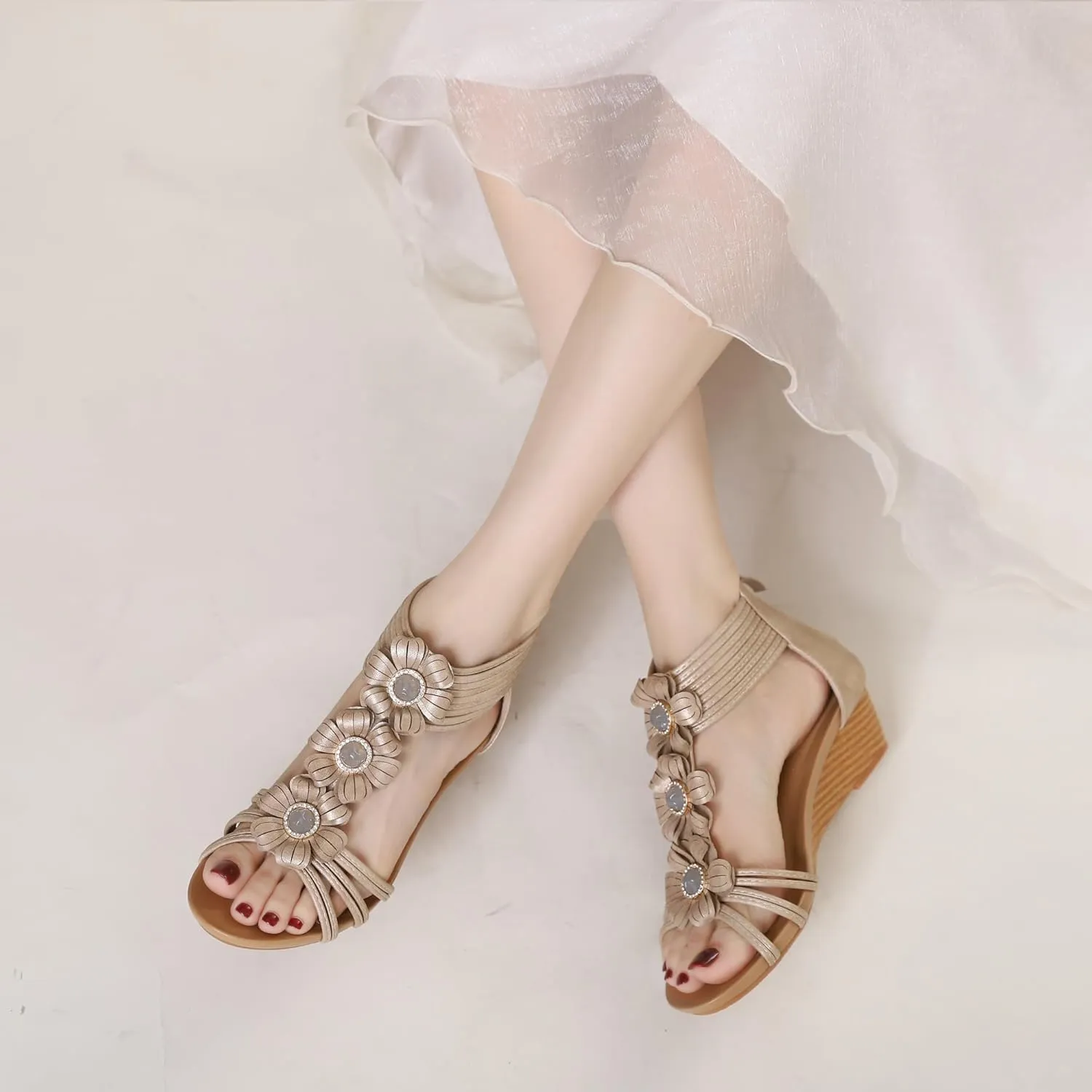 WOJWSKI Wedge Sandals for Women Bohemia Flower Open Toe Gladiator Platform Roman High Heel Casual Summer Dressy Beach Womens Sandals