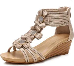 WOJWSKI Wedge Sandals for Women Bohemia Flower Open Toe Gladiator Platform Roman High Heel Casual Summer Dressy Beach Womens Sandals
