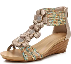 WOJWSKI Wedge Sandals for Women Bohemia Flower Open Toe Gladiator Platform Roman High Heel Casual Summer Dressy Beach Womens Sandals