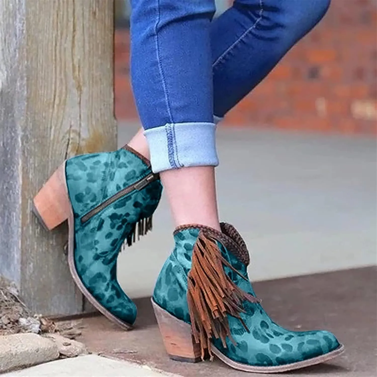 Women Ankle Boots Fashion Fringe Boots Retro Suede Block Heel Ankle Boots Sexy Pointed Toe Leopard Ankle Boots Casual Chelsea Boots Pull-On Biker Boots Outdoor Shoes
