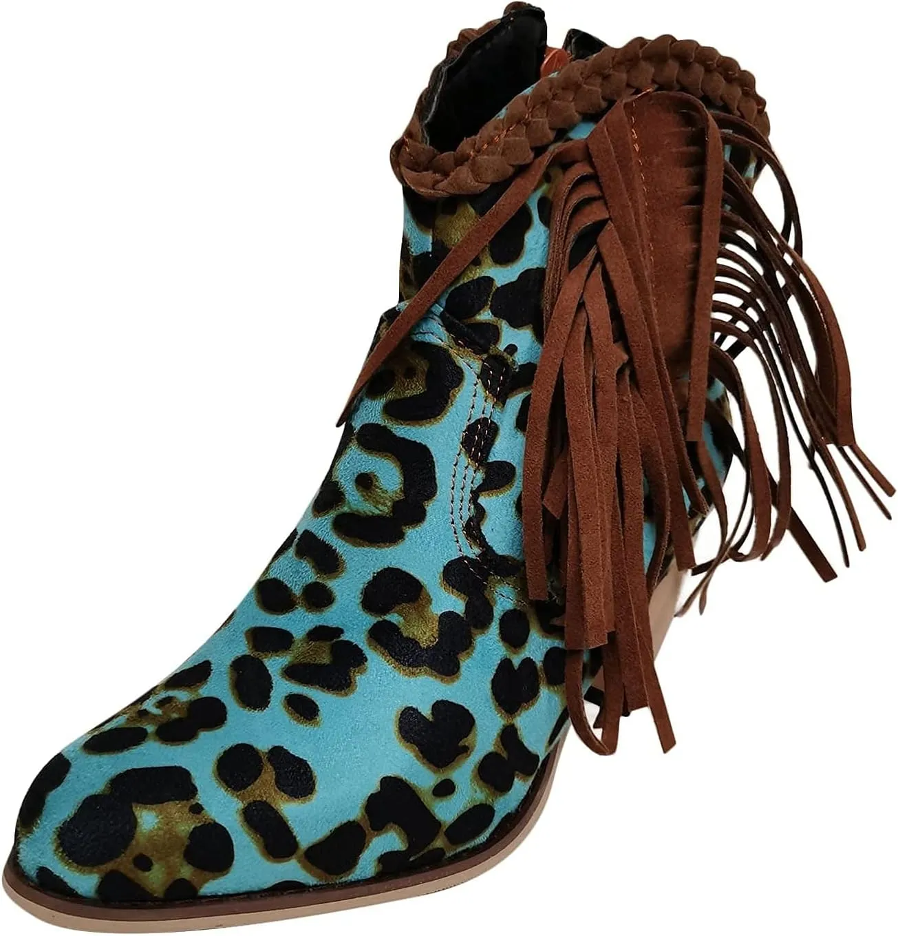 Women Ankle Boots Fashion Fringe Boots Retro Suede Block Heel Ankle Boots Sexy Pointed Toe Leopard Ankle Boots Casual Chelsea Boots Pull-On Biker Boots Outdoor Shoes