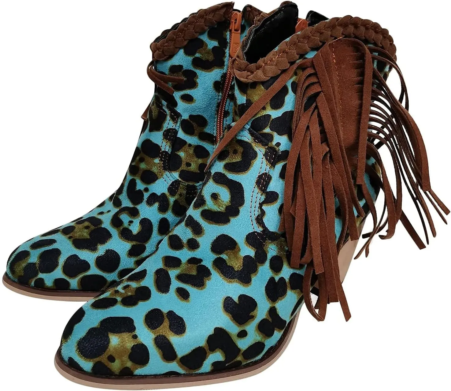 Women Ankle Boots Fashion Fringe Boots Retro Suede Block Heel Ankle Boots Sexy Pointed Toe Leopard Ankle Boots Casual Chelsea Boots Pull-On Biker Boots Outdoor Shoes