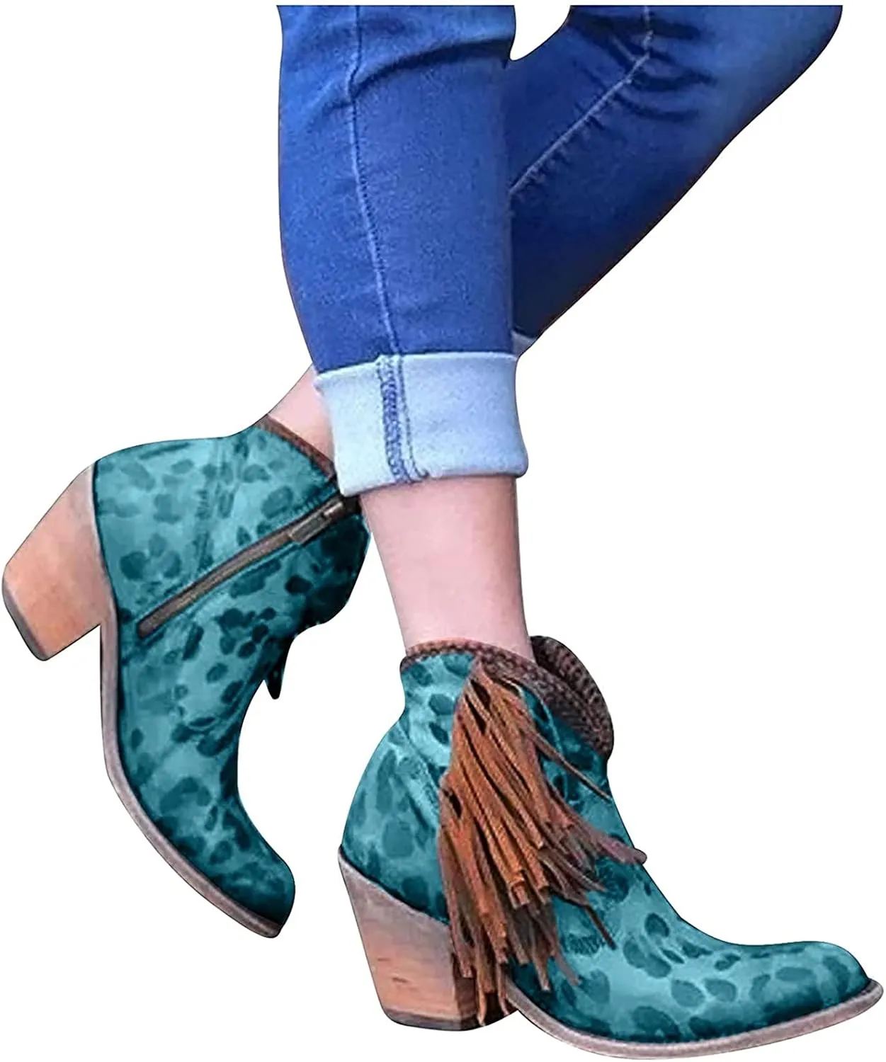 Women Ankle Boots Fashion Fringe Boots Retro Suede Block Heel Ankle Boots Sexy Pointed Toe Leopard Ankle Boots Casual Chelsea Boots Pull-On Biker Boots Outdoor Shoes