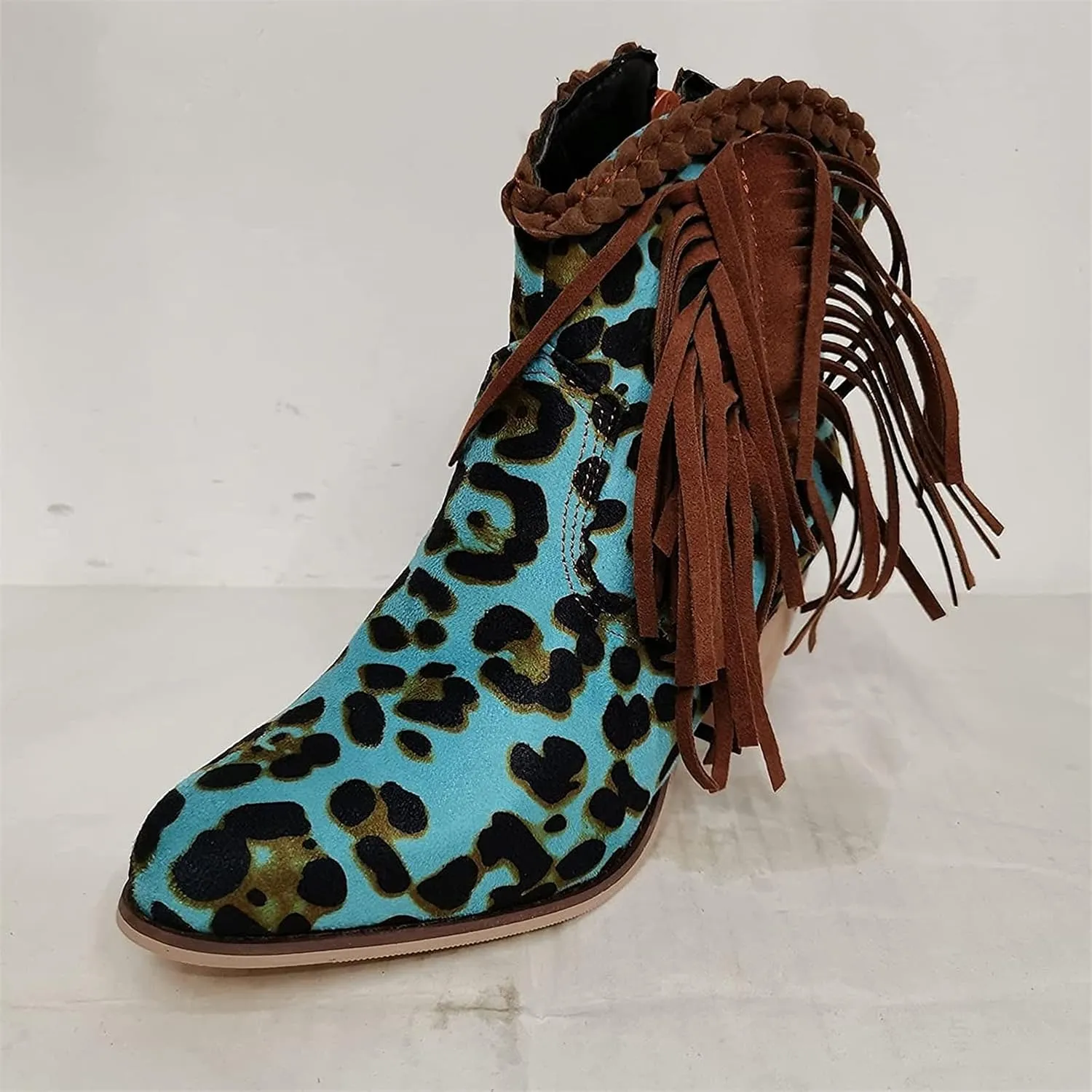 Women Ankle Boots Fashion Fringe Boots Retro Suede Block Heel Ankle Boots Sexy Pointed Toe Leopard Ankle Boots Casual Chelsea Boots Pull-On Biker Boots Outdoor Shoes