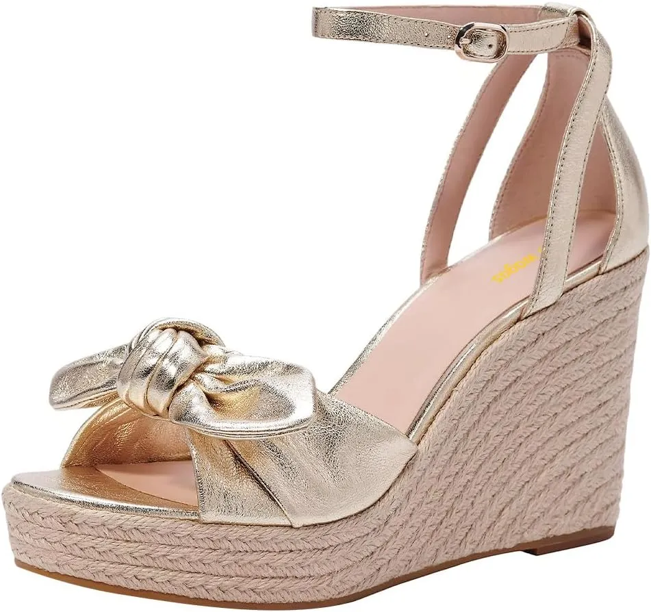 Women Espadrilles Wedge Heel Sandals with Bows Open Toe Strap Buckle High Heels Shoes Summer Holiday Outfit Size 4-16 US
