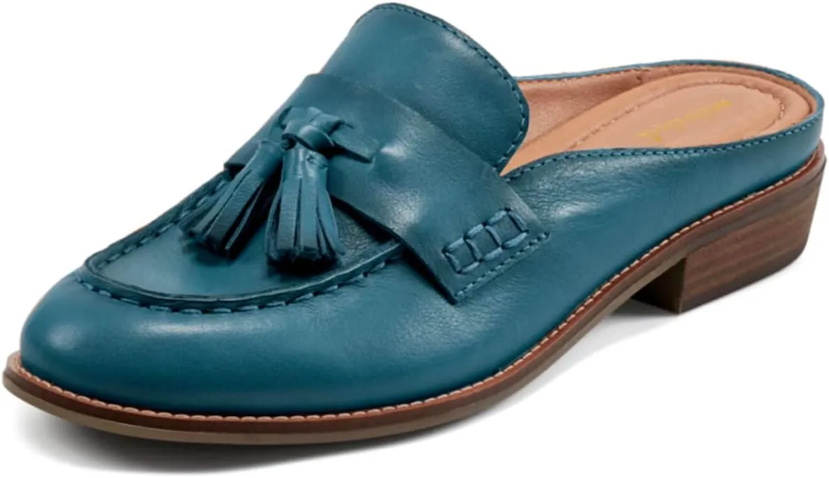 Women Flat Tassel Mules Closed Round Toe Slip On Fringe Loafers Backless 1 Inch Low Chunky Stacked Heeled Sandals Suede Metallic Slip-Ons Clogs Comfy Slide Slippers Daily Casual 4-11 M US