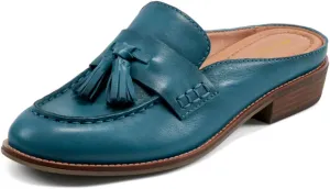 Women Flat Tassel Mules Closed Round Toe Slip On Fringe Loafers Backless 1 Inch Low Chunky Stacked Heeled Sandals Suede Metallic Slip-Ons Clogs Comfy Slide Slippers Daily Casual 4-11 M US