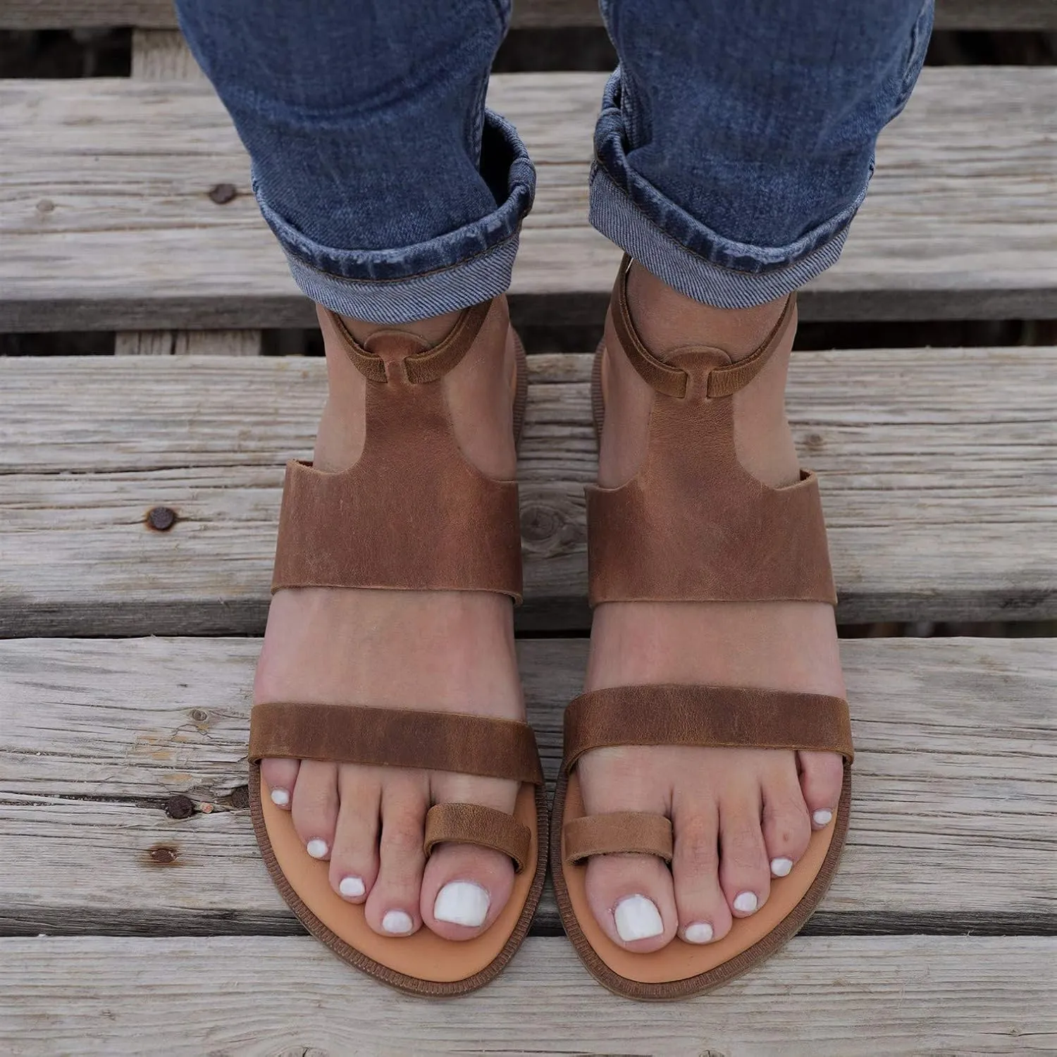 Women Gladiator Sandals Summer Toe Ring Shoes Sandals with ankle buckle, Distressed Waxed Leather (9, Distressed Brown)