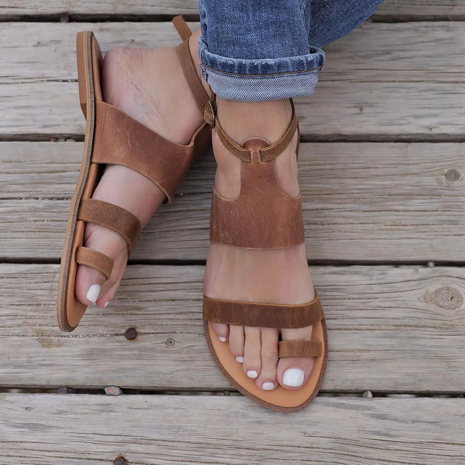 Women Gladiator Sandals Summer Toe Ring Shoes Sandals with ankle buckle, Distressed Waxed Leather (9, Distressed Brown)