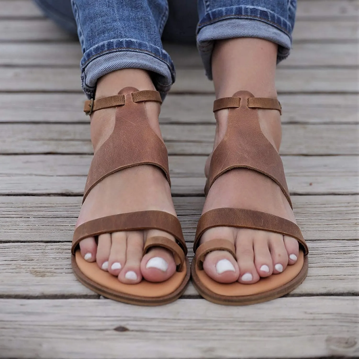 Women Gladiator Sandals Summer Toe Ring Shoes Sandals with ankle buckle, Distressed Waxed Leather (9, Distressed Brown)