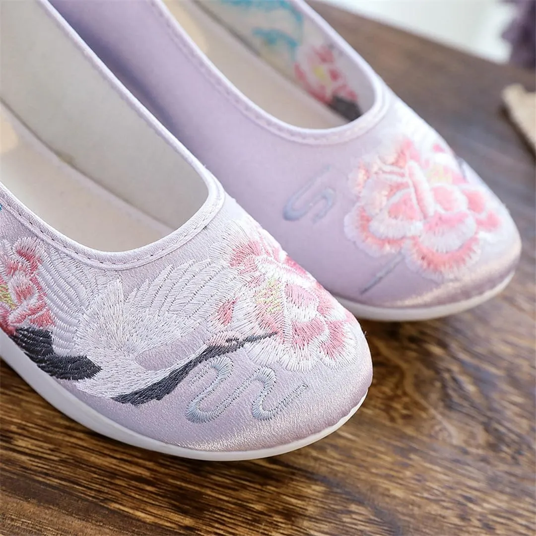Women Inside Platforms Satin Cotton Fabric Embroidered Hanfu Shoes Slip On Elegant Ladies Loafers