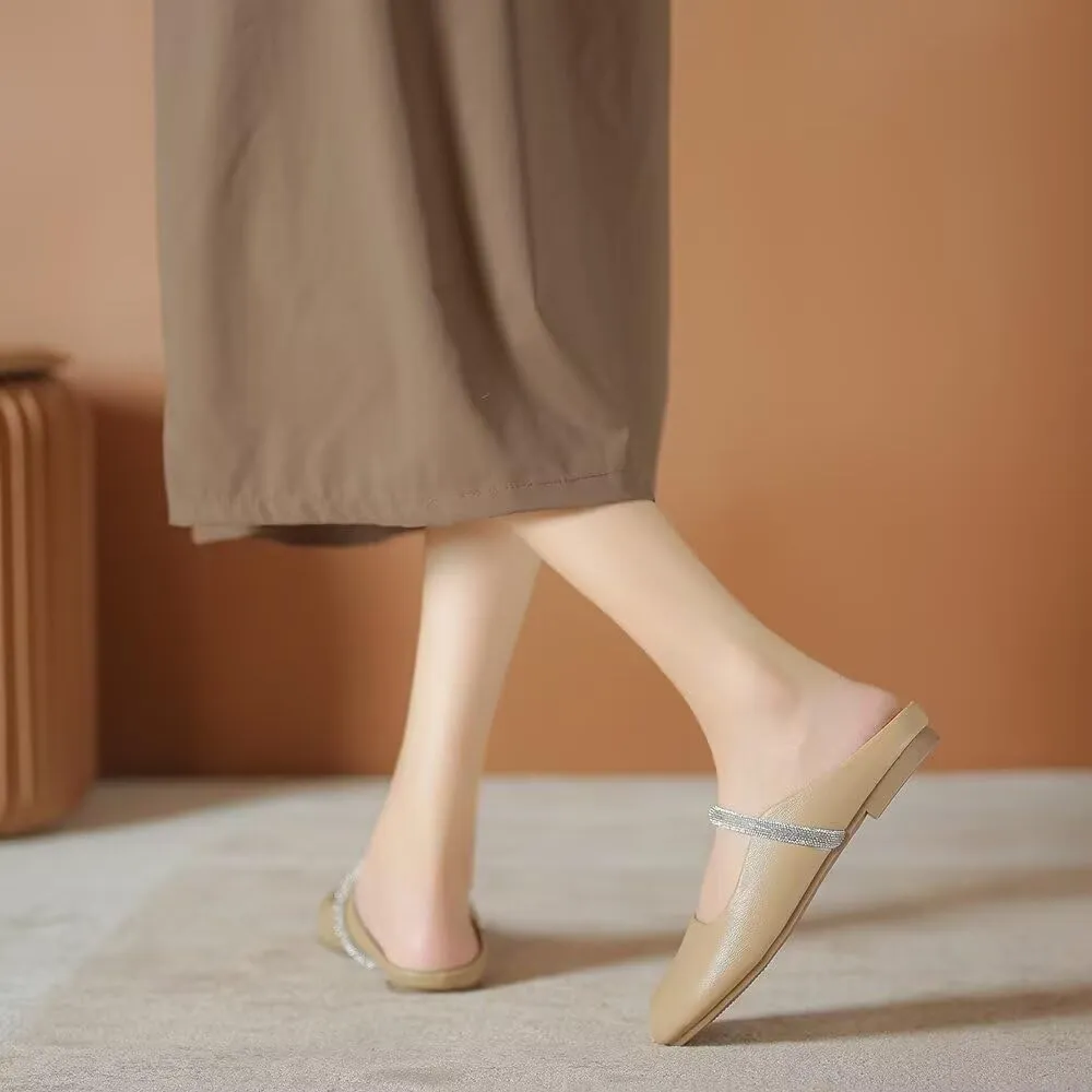 Women Mules Elegant Dressy Flats Closed Toe Microfiber Leather Shoes Adjustable Buckle Strap Mary Jane Casual Office Shoes