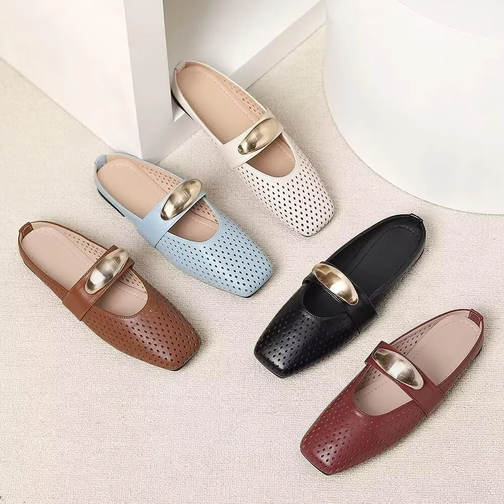 Women Mules Elegant Dressy Flats Closed Toe Microfiber Leather Shoes Adjustable Buckle Strap Mary Jane Casual Office Shoes