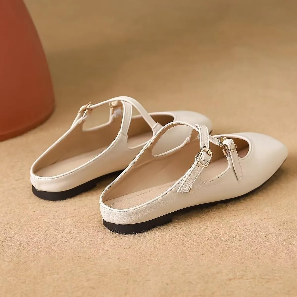 Women Mules Elegant Dressy Flats Closed Toe Microfiber Leather Shoes Adjustable Buckle Strap Mary Jane Casual Office Shoes