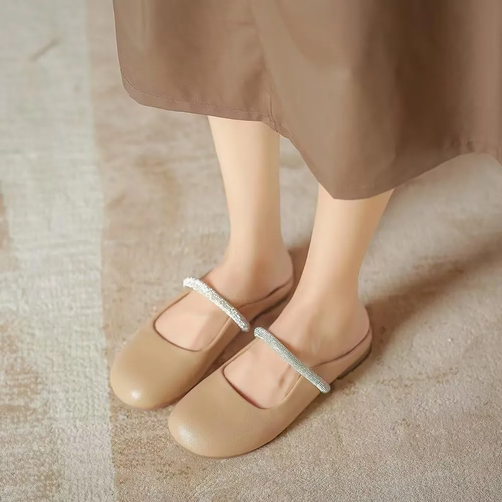 Women Mules Elegant Dressy Flats Closed Toe Microfiber Leather Shoes Adjustable Buckle Strap Mary Jane Casual Office Shoes