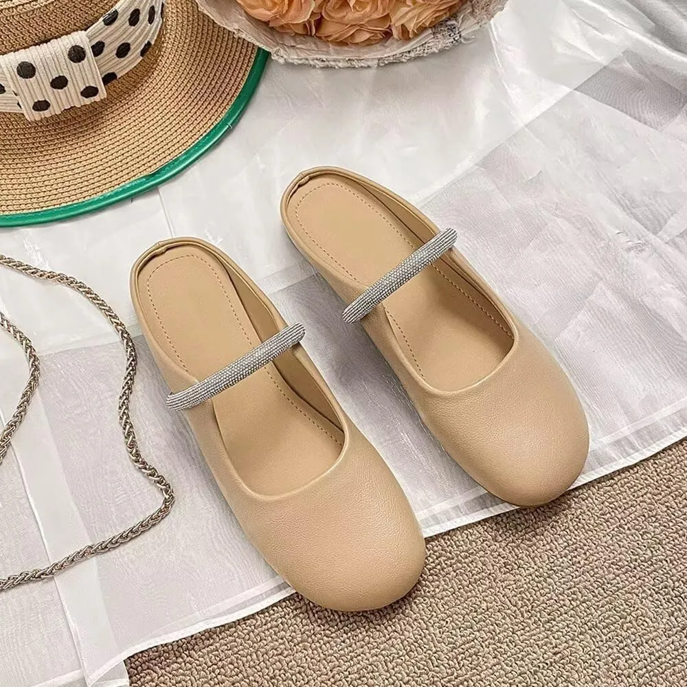 Women Mules Elegant Dressy Flats Closed Toe Microfiber Leather Shoes Adjustable Buckle Strap Mary Jane Casual Office Shoes