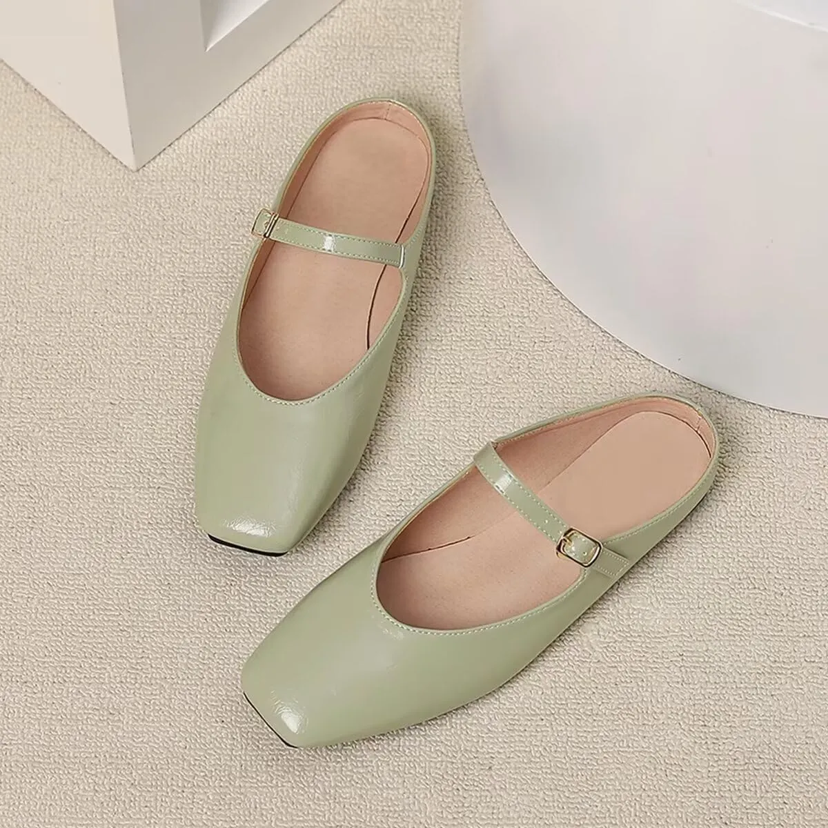 Women Mules Elegant Dressy Flats Closed Toe Microfiber Leather Shoes Adjustable Buckle Strap Mary Jane Casual Office Shoes