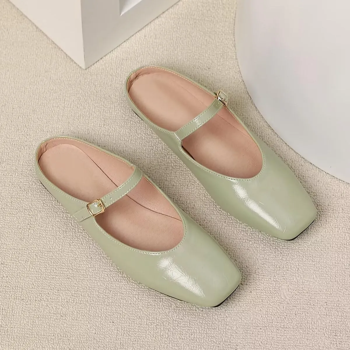 Women Mules Elegant Dressy Flats Closed Toe Microfiber Leather Shoes Adjustable Buckle Strap Mary Jane Casual Office Shoes