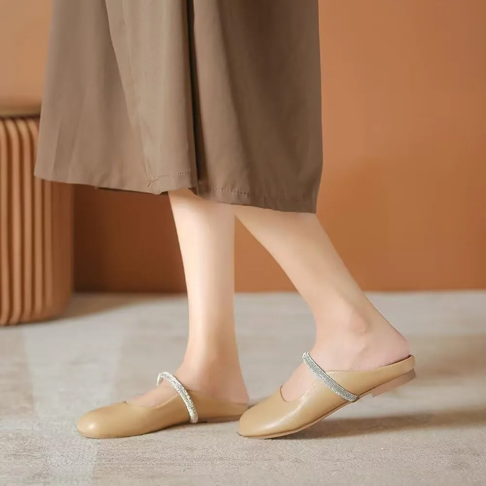 Women Mules Elegant Dressy Flats Closed Toe Microfiber Leather Shoes Adjustable Buckle Strap Mary Jane Casual Office Shoes