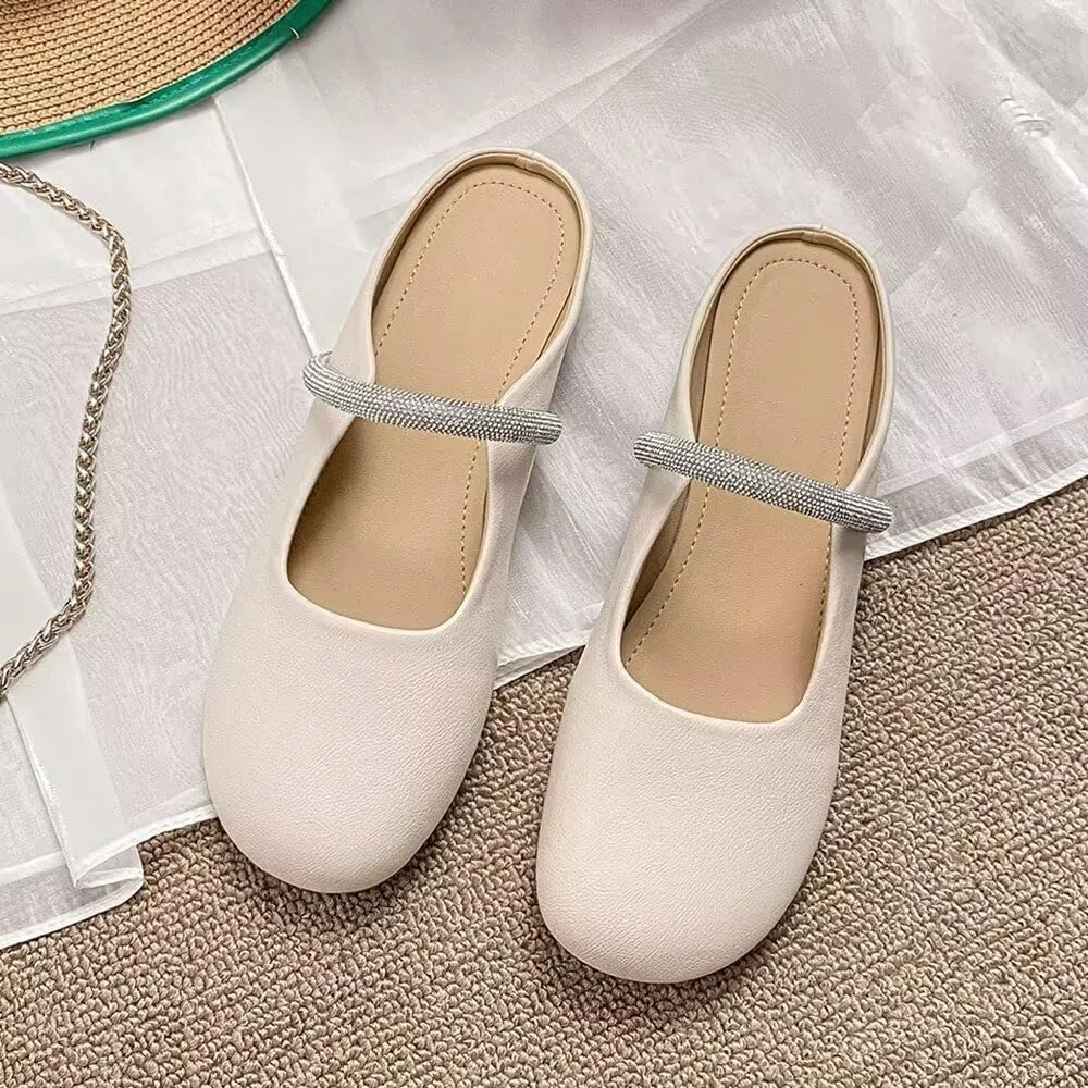 Women Mules Elegant Dressy Flats Closed Toe Microfiber Leather Shoes Adjustable Buckle Strap Mary Jane Casual Office Shoes