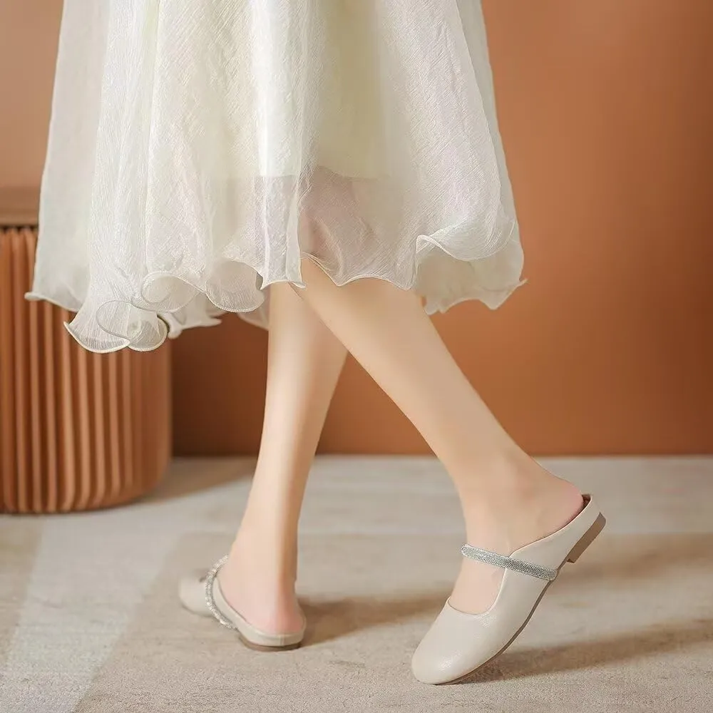 Women Mules Elegant Dressy Flats Closed Toe Microfiber Leather Shoes Adjustable Buckle Strap Mary Jane Casual Office Shoes