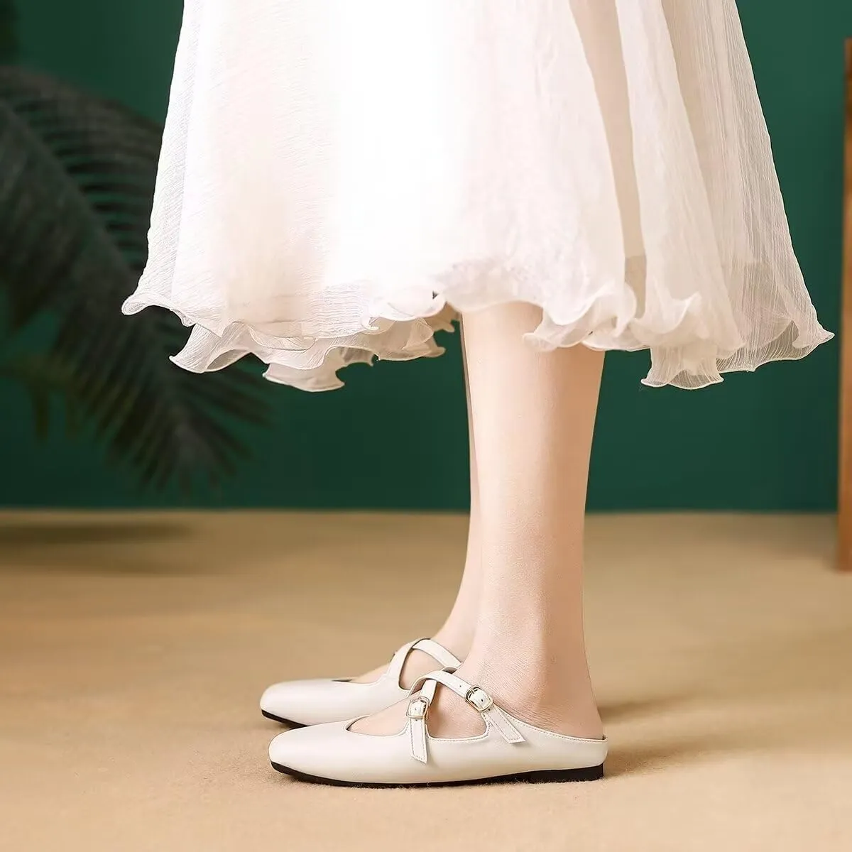 Women Mules Elegant Dressy Flats Closed Toe Microfiber Leather Shoes Adjustable Buckle Strap Mary Jane Casual Office Shoes