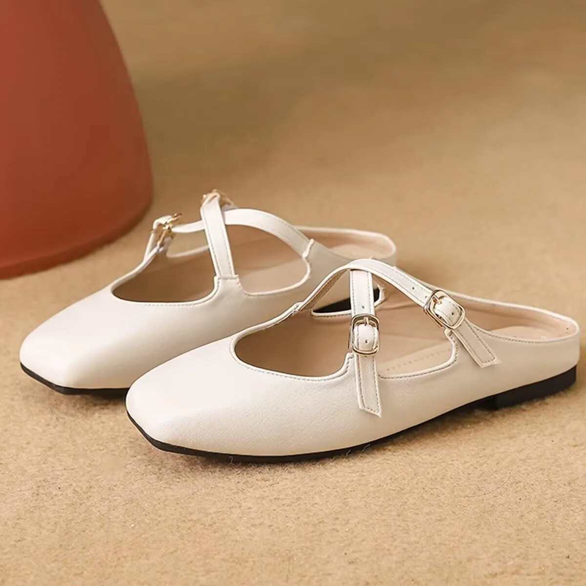 Women Mules Elegant Dressy Flats Closed Toe Microfiber Leather Shoes Adjustable Buckle Strap Mary Jane Casual Office Shoes