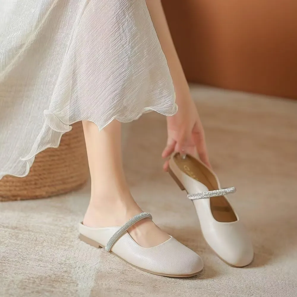 Women Mules Elegant Dressy Flats Closed Toe Microfiber Leather Shoes Adjustable Buckle Strap Mary Jane Casual Office Shoes