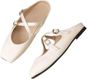 Women Mules Elegant Dressy Flats Closed Toe Microfiber Leather Shoes Adjustable Buckle Strap Mary Jane Casual Office Shoes