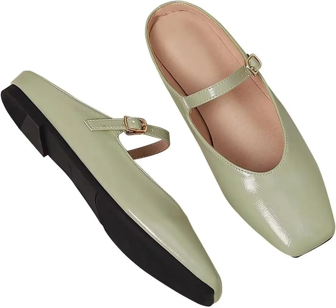 Women Mules Elegant Dressy Flats Closed Toe Microfiber Leather Shoes Adjustable Buckle Strap Mary Jane Casual Office Shoes