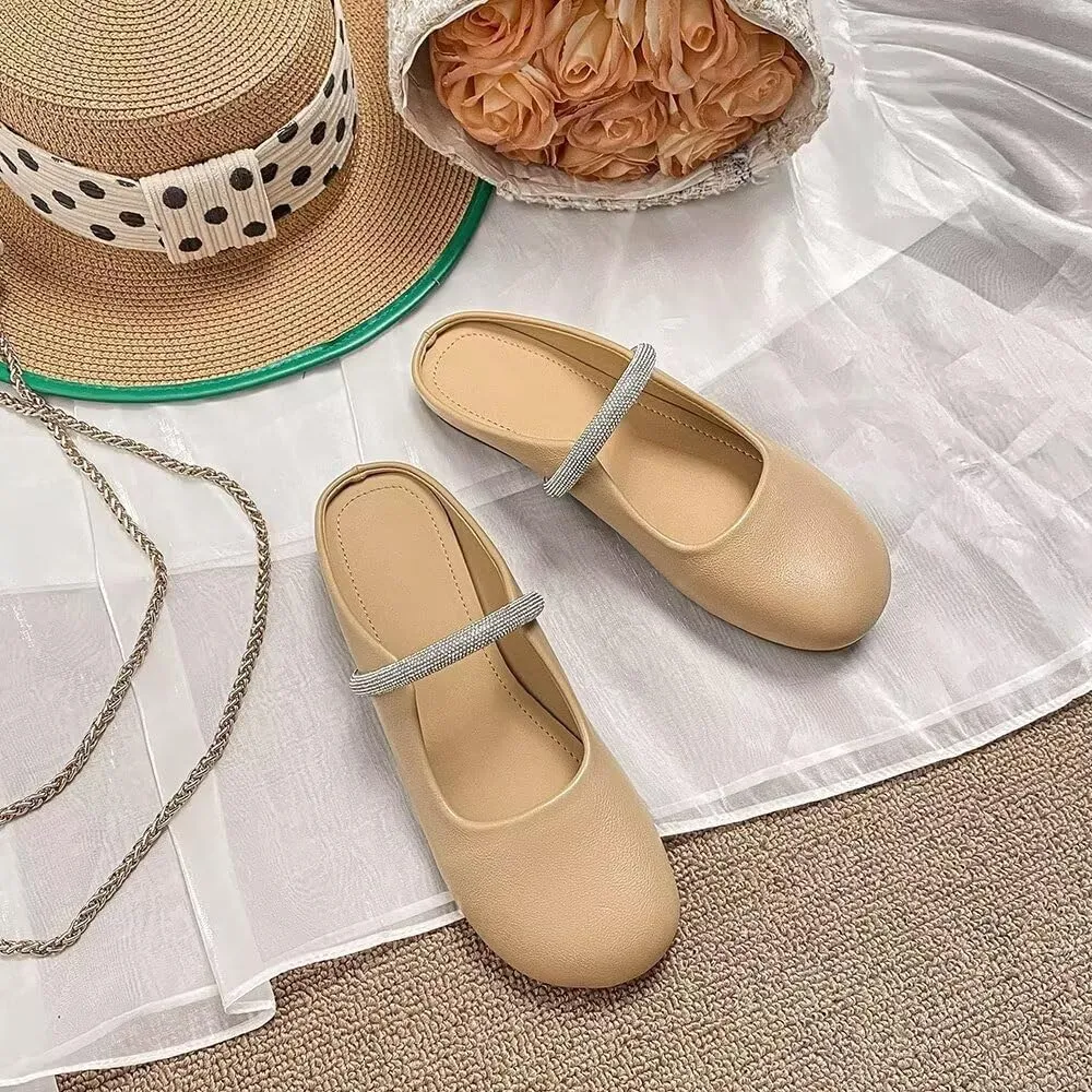 Women Mules Elegant Dressy Flats Closed Toe Microfiber Leather Shoes Adjustable Buckle Strap Mary Jane Casual Office Shoes