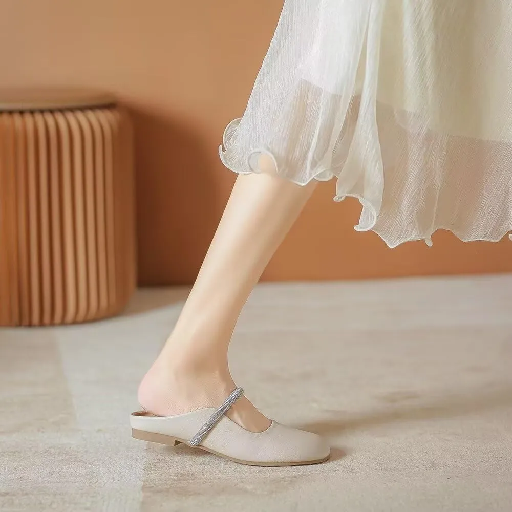 Women Mules Elegant Dressy Flats Closed Toe Microfiber Leather Shoes Adjustable Buckle Strap Mary Jane Casual Office Shoes