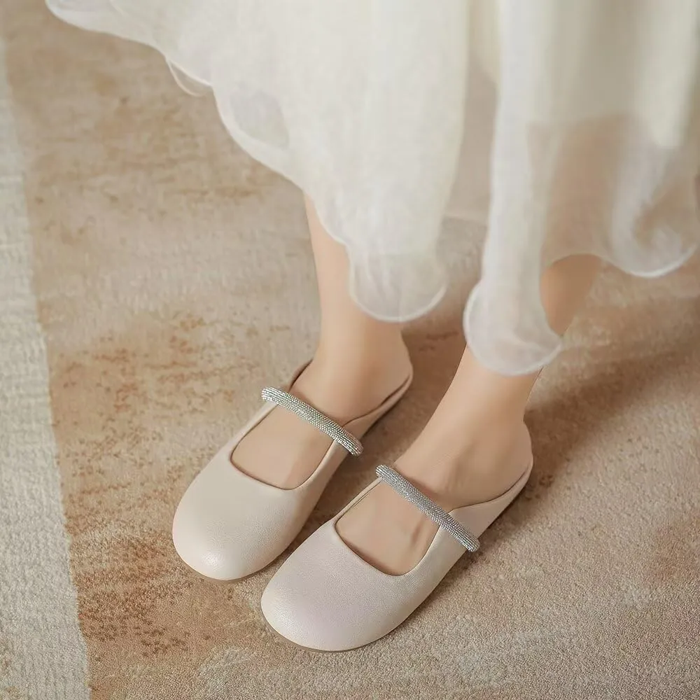 Women Mules Elegant Dressy Flats Closed Toe Microfiber Leather Shoes Adjustable Buckle Strap Mary Jane Casual Office Shoes