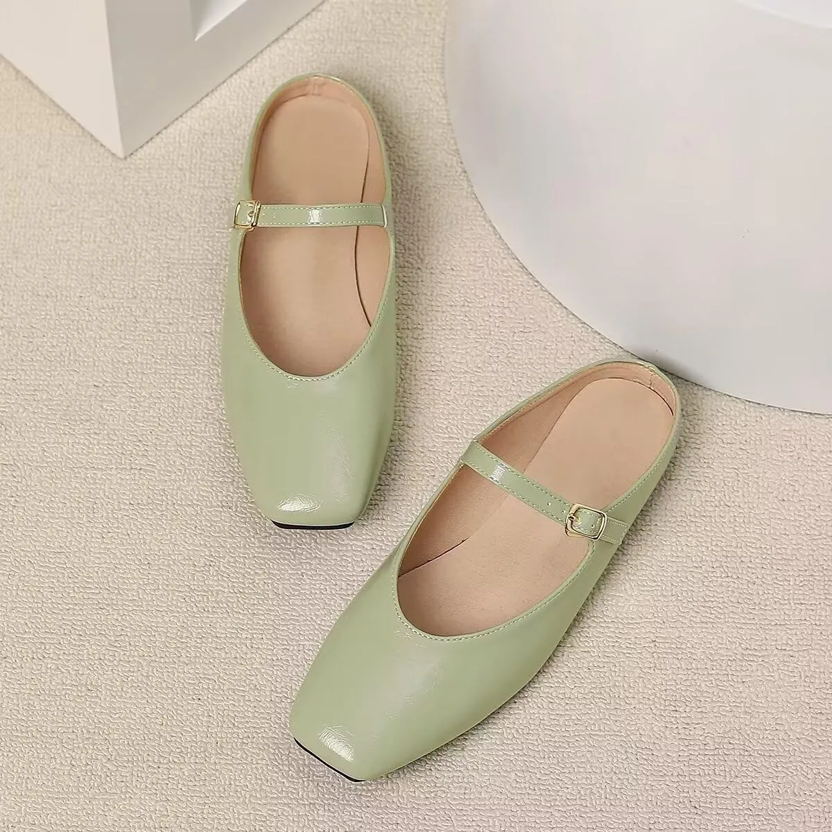 Women Mules Elegant Dressy Flats Closed Toe Microfiber Leather Shoes Adjustable Buckle Strap Mary Jane Casual Office Shoes